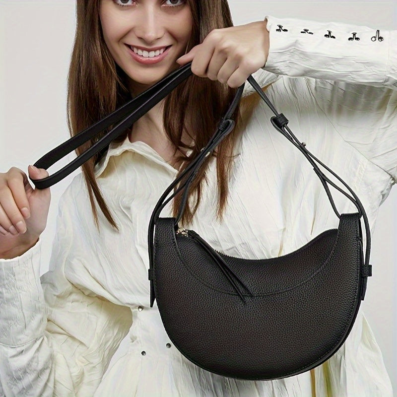 2025 New Crescent Saddle Bag - Niche Design Women's Crossbody Bag with Adjustable Strap, Zipper Closure & Polyester Lining, Available in White\u002FBrown\u002FBlack, Suitable for Casual and Formal Occasions, Smooth Texture Handbag