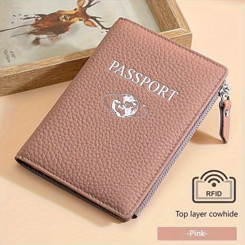 Premium Travel Wallet Genuine Leather Passport Holder Wallet | Multi-Function Travel Organizer with Zipper Closure, Card Slots & Coin Pocket for Women in Beige, Navy Blue, or Rose Pink, Secure Travel Wallet | Embossed Genuine Leather Design