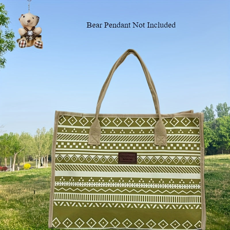 Vintage Ethnic Style Large Capacity Canvas Tote Bag - Fashionable Minimalist Shoulder & Handbag for Work, Commuting, and Everyday Use, Canvas Material, Geometric Pattern, Shoulder Ba