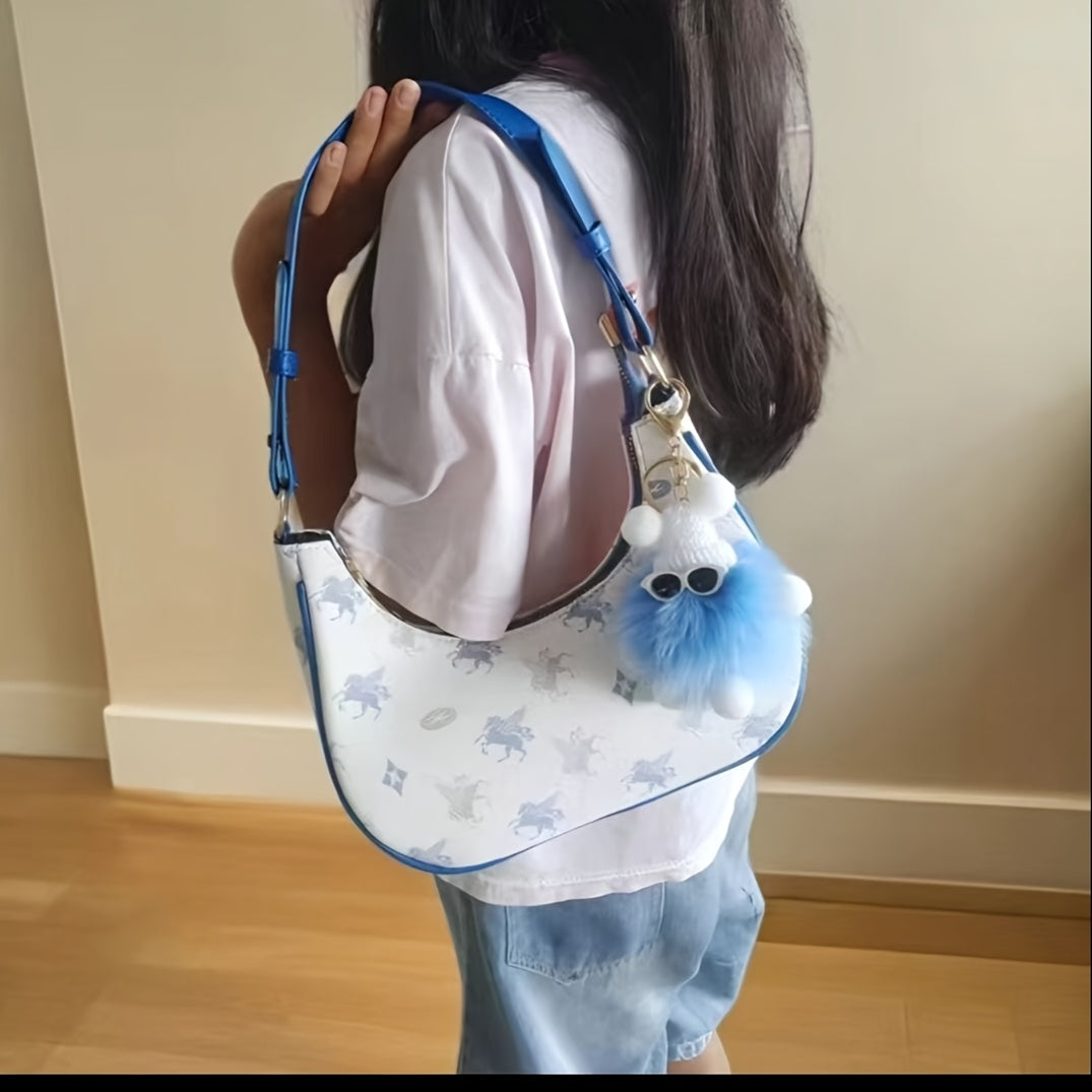 Chic Sky Blue Animal Print Crossbody Bag for Women - Lightweight Synthetic Leather Baguette with Adjustable Strap, Crescent Moon Design, and Fluffy Pom-Pom Charm, Adjustable Shoulder Bag | Crescent Moon Bag | Decorative Pompom Charm, Small Crossbody Bag