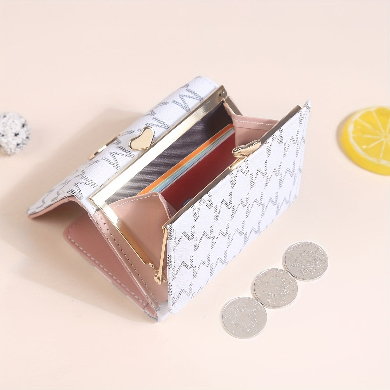 Elegant Mini Trifold Wallet - Stylish Letter Print, Snap Closure, Multiple Card Slots for Women (Available in Pink, White, Black, Dark Brown)