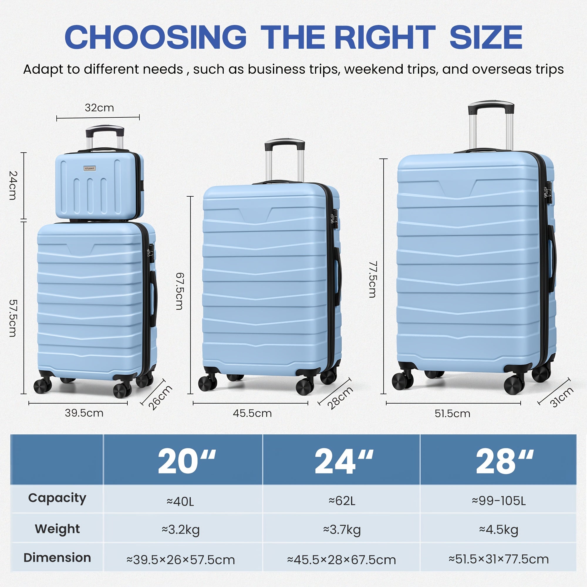 20In Carry-On Luggage Set with 14 In Cosmetic Case, Lightweight ABS+PC Hardshell Suitcase, Expandable Design, TSA Lock and 4 Silent Spinner Wheels for Smooth Travel, Scratch-Resistant, for Business Trips, Weekend Getaways, Checked-Free Convenience
