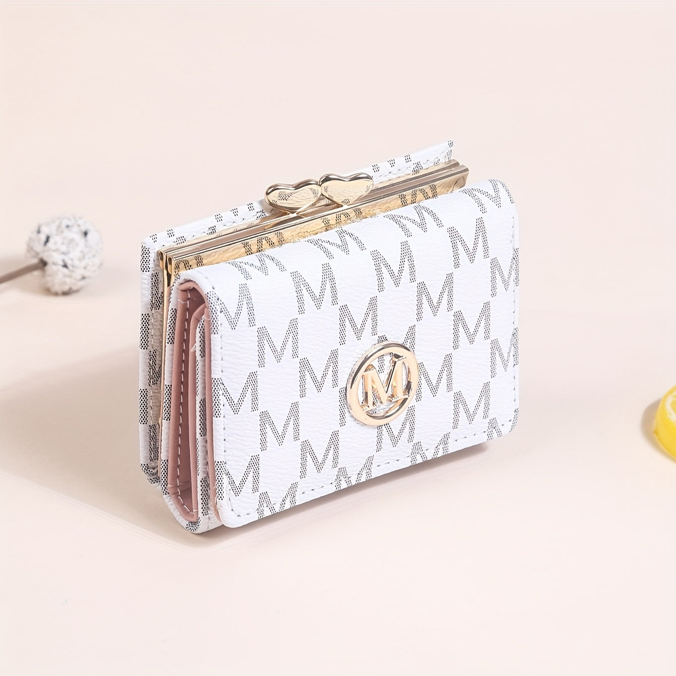 Elegant Mini Trifold Wallet - Stylish Letter Print, Snap Closure, Multiple Card Slots for Women (Available in Pink, White, Black, Dark Brown)