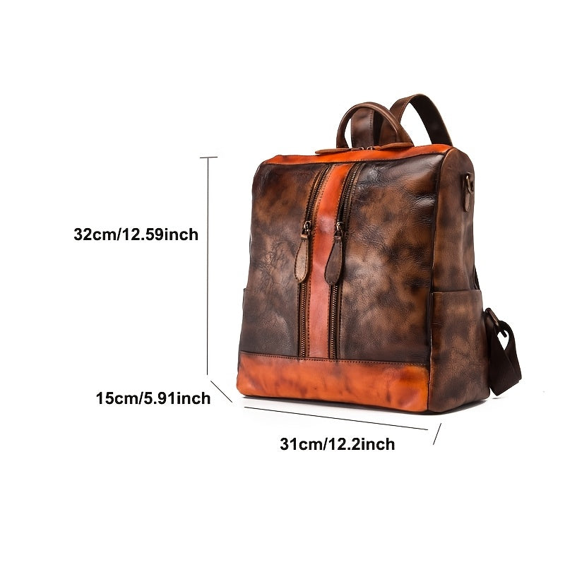 2025 New Women's Genuine Genuine Leather Backpack - Vintage Large Capacity Travel Bag with Adjustable Shoulder Straps, Front Zipper Pocket & Top Handle, Solid Color (Red\u002FYellow\u002FBlack) for Casual & Professional Use
