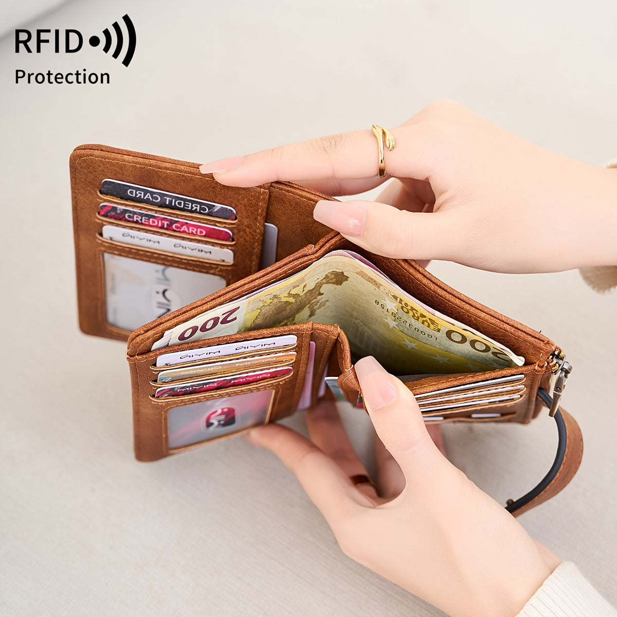 RFID Anti-Theft Wallet Multi-Carat RFID Anti-Theft Wallet - Retro Short Wallet, Solid Color Bifold Coin Purse, Women's Credit Card Holder