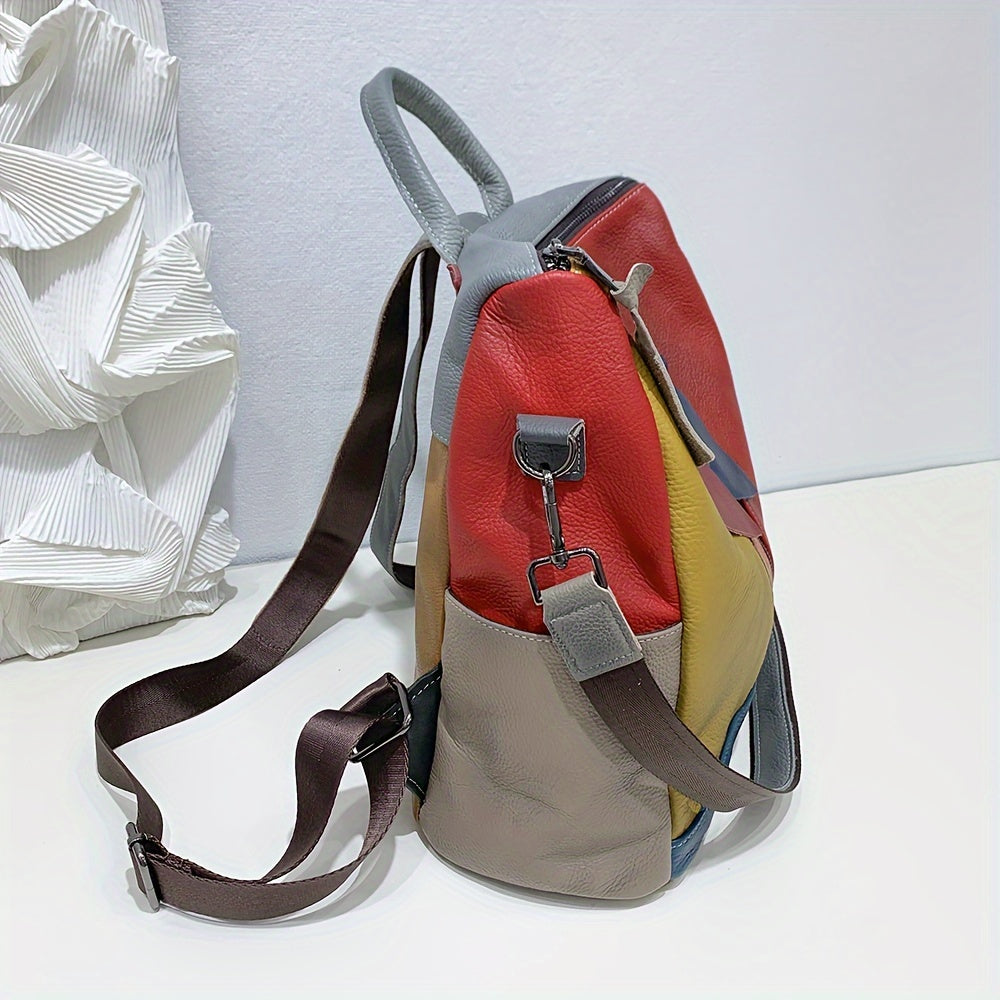 Elegant Vintage Genuine Leather Backpack for Women - Luxury Color Block Design with Detachable Shoulder Straps, Zipper Closure & Polyester Lining, Sophisticated Daypack for Casual, Work, Travel, Backpack for Travel, Adjustable Strap Feature