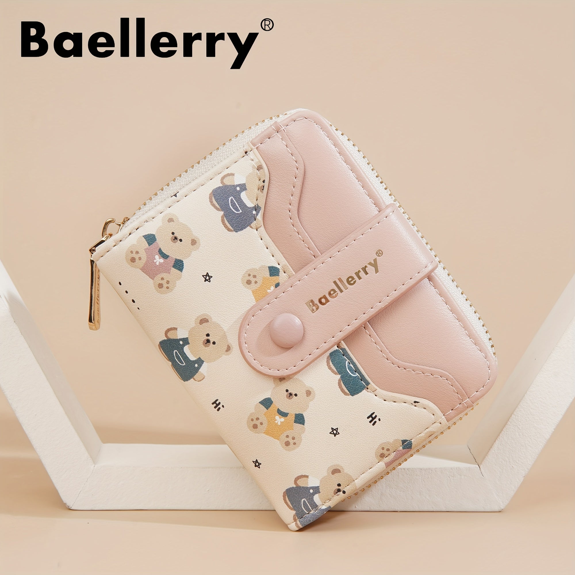 baellerry 1pc Mini Women's Wallet Short Style Bear Cartoon Print Button Credit Card Card Bag Zipper Coin Purse