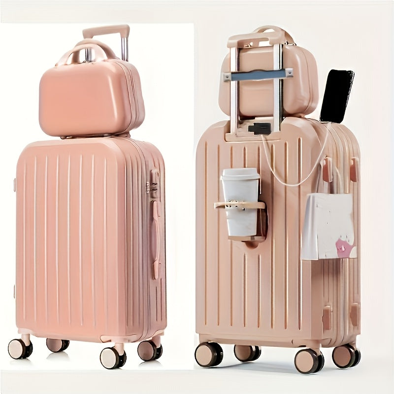 1pc\u002F2pcs Minimalist Solid Color Luggage Case Set, Hard Shell Zipper Trolley Case with Wheels And Square Small Makeup Handbag for Travel\u002FWork\u002FStudy Use
