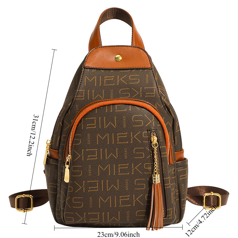 Classic Elegant Genuine New Large Capacity Printed Contrast Color Backpack Simple Style Shoulder Bag