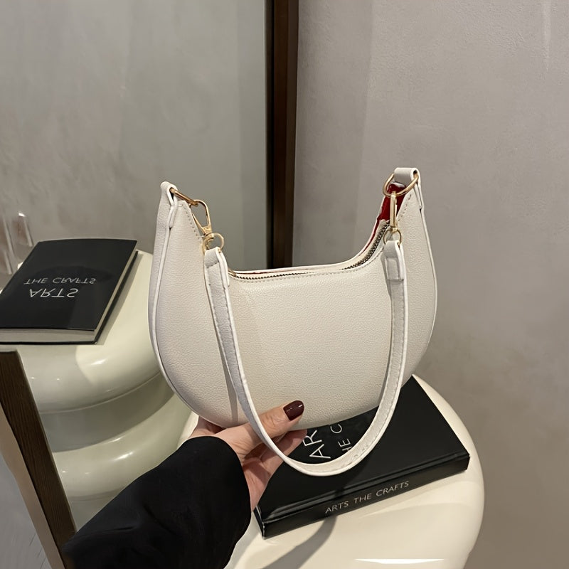 1pc Luxury Crossbody Bag Luxury Women's 1pc Crescent Crossbody Bag | Detachable Adjustable Strap, Magnetic Closure, Golden-Tone Hardware | Coffee Brown\u002FWhite\u002FRed\u002FBlack, Polyester Lined Interior