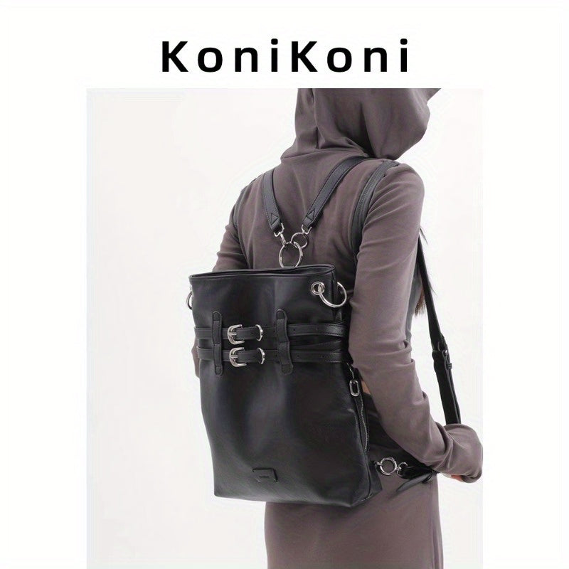 KoniKoni Genuine Leather Women'S Backpack - Lightweight Large Capacity Travel & Commuter Bag with Adjustable Shoulder Straps, Multiple Compartments, and Zipper Closure, Black, Backpack for Travel, Structured Design, Durable Zipper Compartments