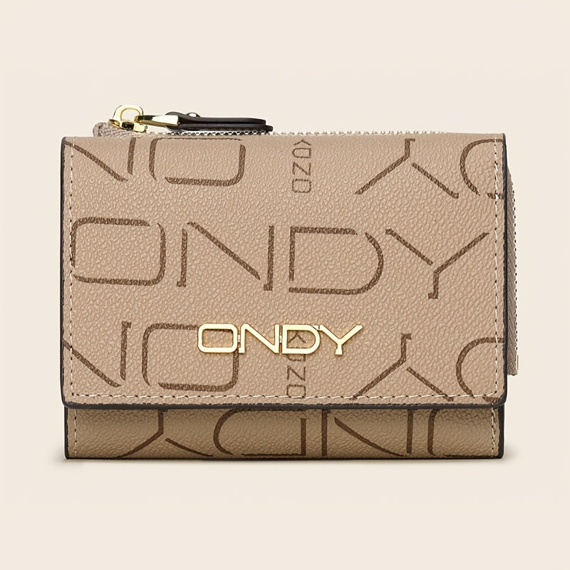 ONDY Classic Letter Print Compact Wallet - Slim & Portable, Multi-Functional Card Holder with Golden Accents, Snap Closure, in Coffee\u002FCaramel - Durable PVC, Easy-Clean
