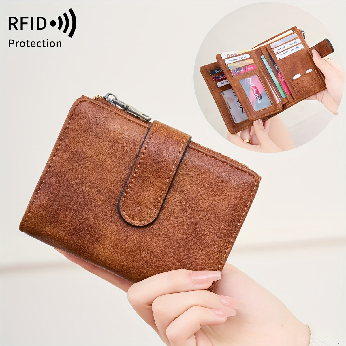 RFID Anti-Theft Wallet Multi-Carat RFID Anti-Theft Wallet - Retro Short Wallet, Solid Color Bifold Coin Purse, Women's Credit Card Holder
