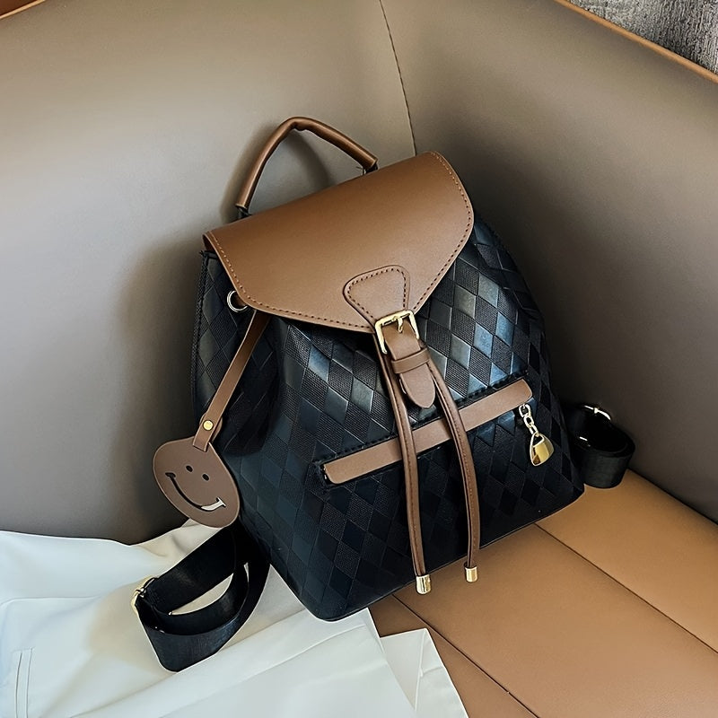 Quilted PU Backpack Coffee Brown & Black Quilted PU Backpack for Women | Adjustable Shoulder Straps, Golden Buckle, and Joyful Face Charm | Perfect for Work, Travel, and Everyday Use