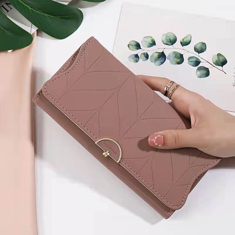 New Fashionable Large Capacity Women'S Long Simple Folded Flower Lady'S Wallet, Synthetic Leather