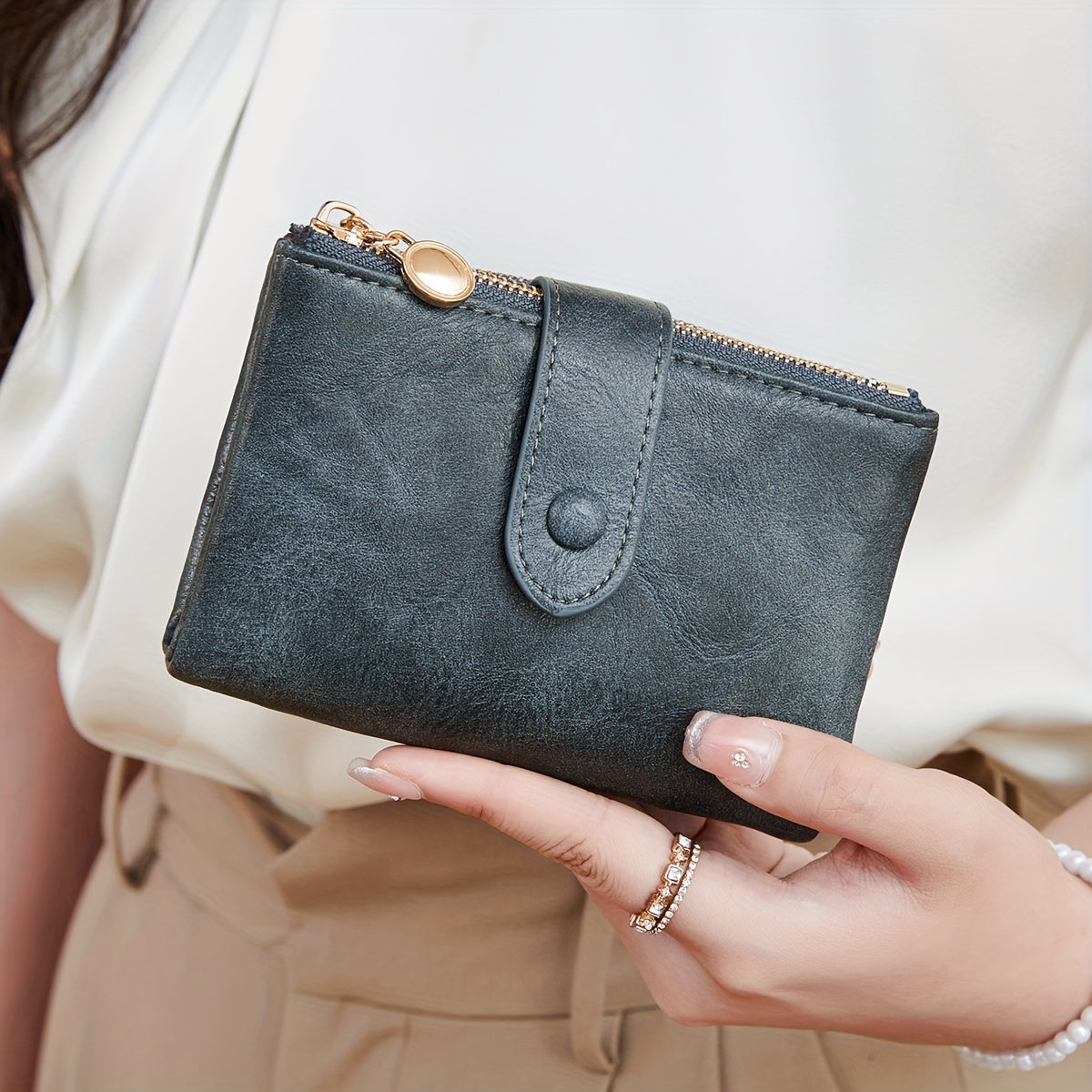 Three-Fold Retro Wallet with RFID Blocking, Multiple Card Slots, Button and Magnetic Snap Closures