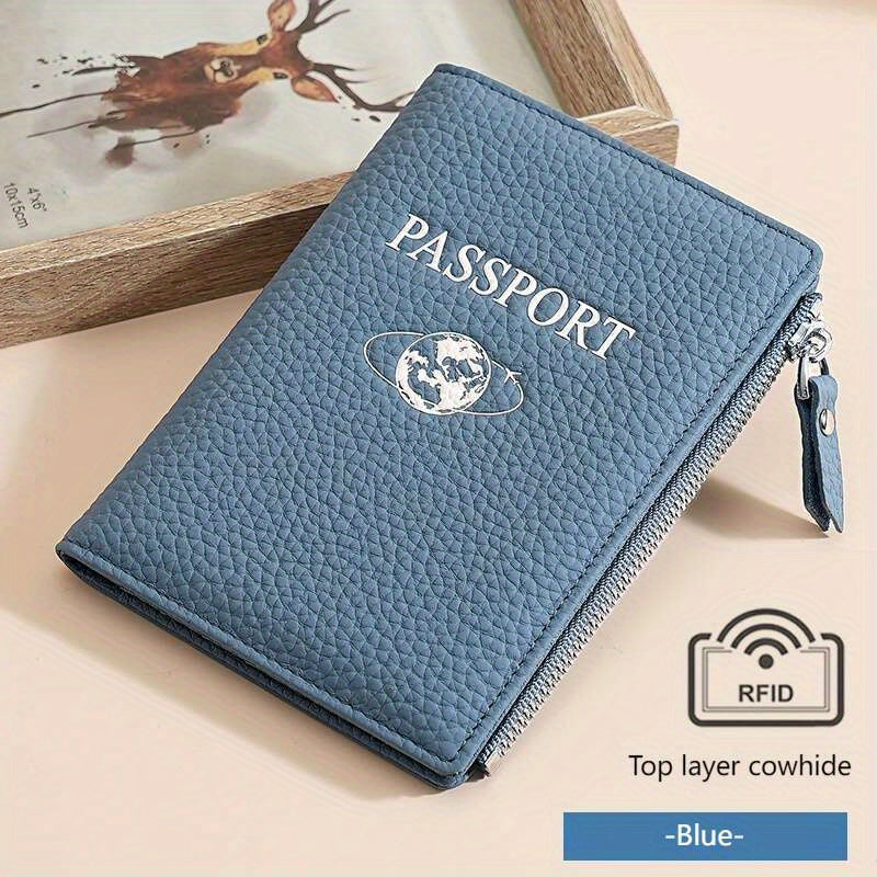 Premium Travel Wallet Genuine Leather Passport Holder Wallet | Multi-Function Travel Organizer with Zipper Closure, Card Slots & Coin Pocket for Women in Beige, Navy Blue, or Rose Pink, Secure Travel Wallet | Embossed Genuine Leather Design