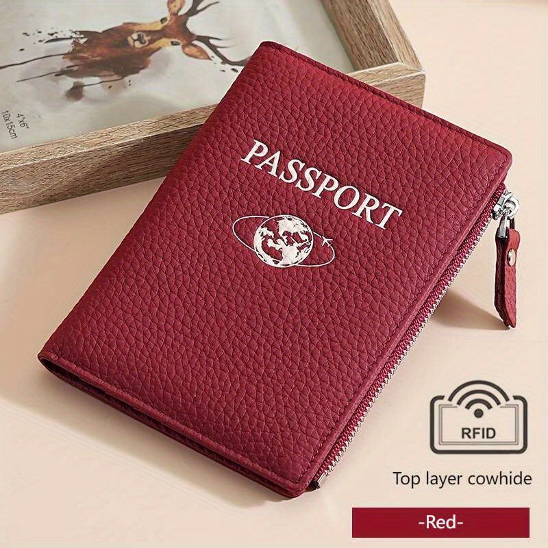 Premium Travel Wallet Genuine Leather Passport Holder Wallet | Multi-Function Travel Organizer with Zipper Closure, Card Slots & Coin Pocket for Women in Beige, Navy Blue, or Rose Pink, Secure Travel Wallet | Embossed Genuine Leather Design