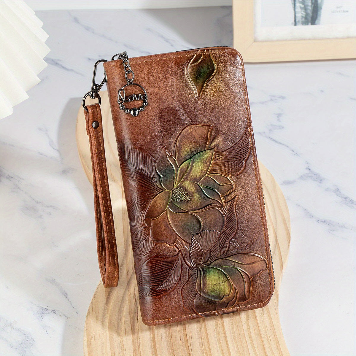 Women'S Vintage-Style Long Wallet with Floral Embossing - Multi-Card Holder, Zip Closure, Brown Synthetic Faux Leather, Durable and Stylish Purse for Everyday Use, Everyday Purse | Floral Embossing Wallet | Zippered Closure, Large Wallet