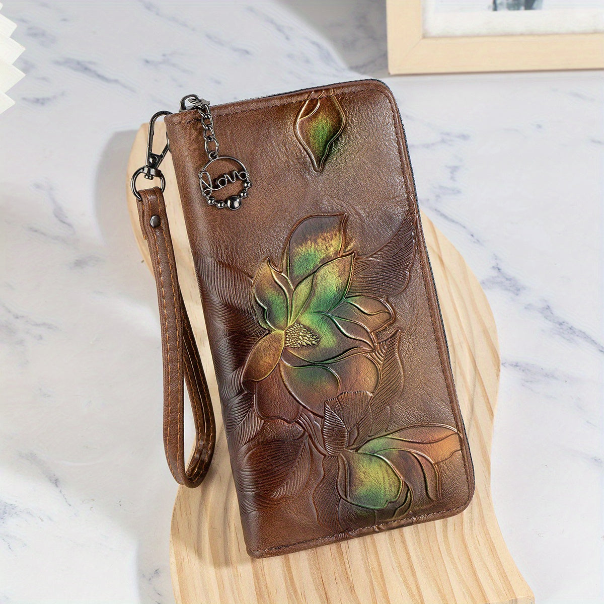 Women'S Vintage-Style Long Wallet with Floral Embossing - Multi-Card Holder, Zip Closure, Brown Synthetic Faux Leather, Durable and Stylish Purse for Everyday Use, Everyday Purse | Floral Embossing Wallet | Zippered Closure, Large Wallet