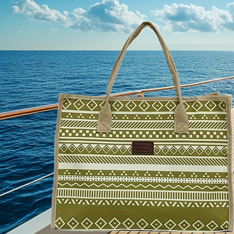 Vintage Ethnic Style Large Capacity Canvas Tote Bag - Fashionable Minimalist Shoulder & Handbag for Work, Commuting, and Everyday Use, Canvas Material, Geometric Pattern, Shoulder Ba