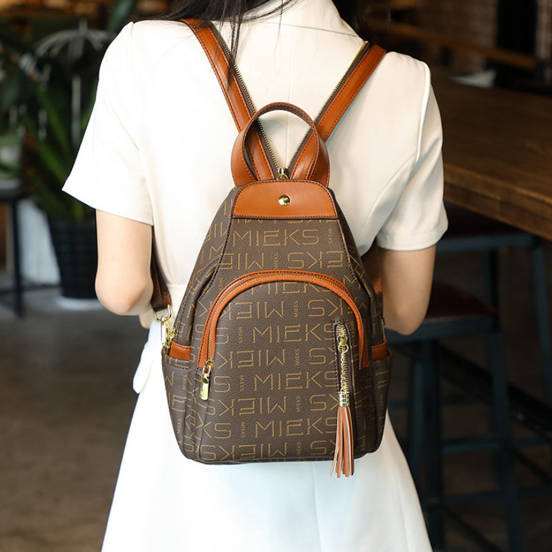 Classic Elegant Genuine New Large Capacity Printed Contrast Color Backpack Simple Style Shoulder Bag