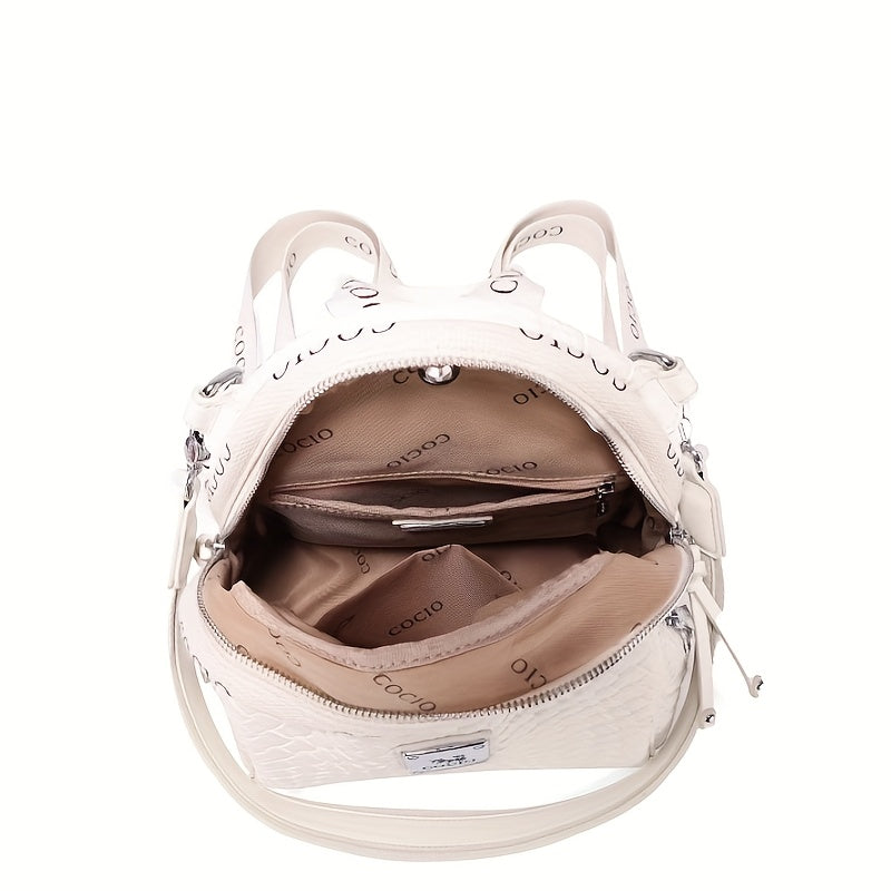 Elegant Floral Print Women'S Backpack - Large Capacity Beige & Brown Split Leather Travel Backpack with Adjustable Straps, Zip Closure, and Polyester Lining for Commuting, Casual, and Travel Use, Backpack for Schoo