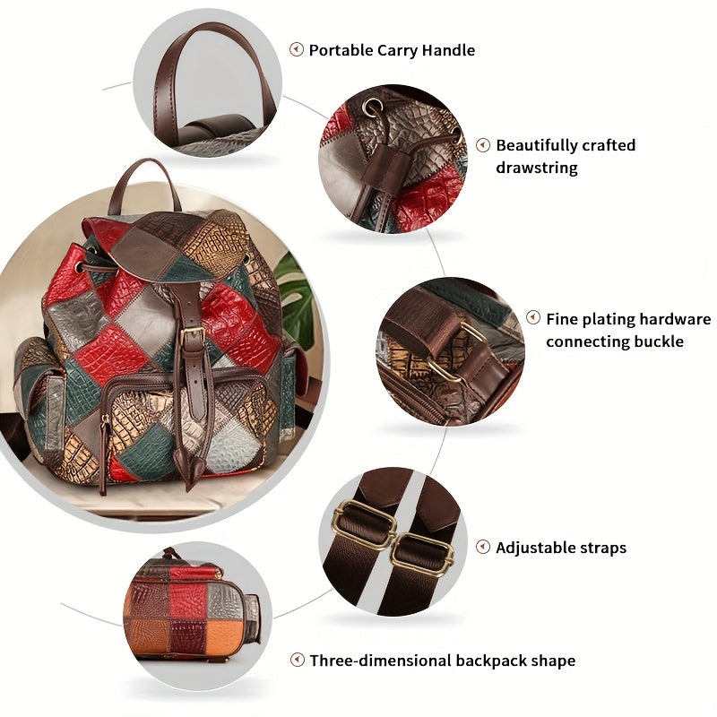 Vintage Patchwork Women'S Backpack - Genuine Leather, Adjustable Straps, Drawstring Closure, Tribal Style, with Polyester Lining And Applique Embellishment for Travel, School, Or Daily Use, Travel Backpack