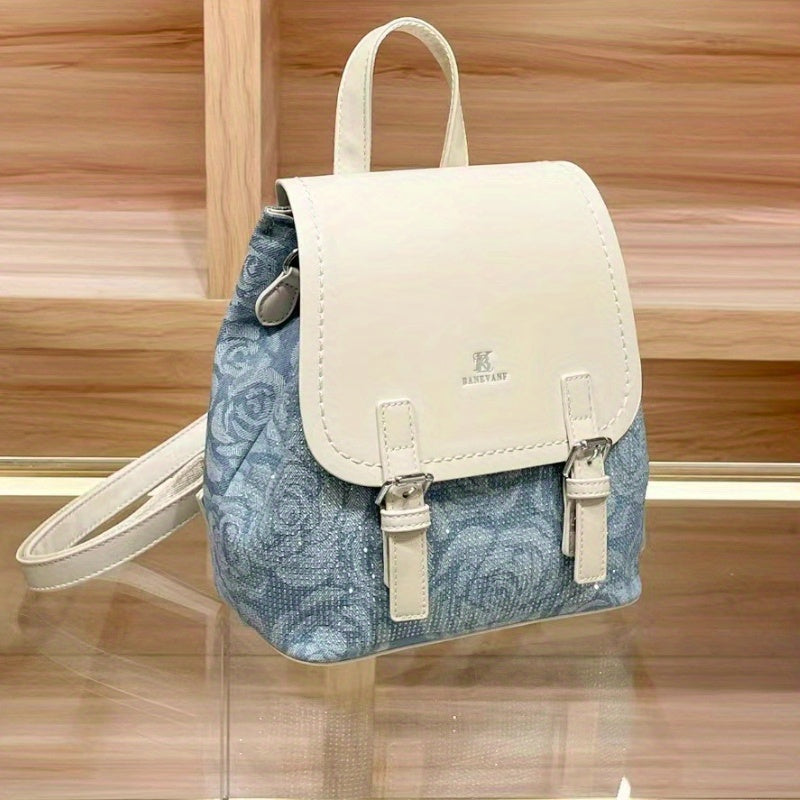 PINKFIRE Women'S Large Capacity Backpack - Stylish Blue Floral Pattern, Adjustable Shoulder Straps, Buckle Closure, High-Quality Split Leather Material, Perfect for Travel & Everyday Use, Backpack for Travel