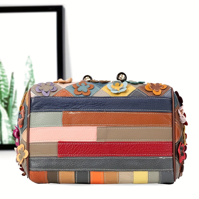 Vintage Floral Genuine Leather Backpack for Women, Colorful Patchwork Design with Bead Embellishments, Adjustable Shoulder Straps, Drawstring Closure, Polyester Lined, Large Capacity Fashion Daypack, Backpack Purse