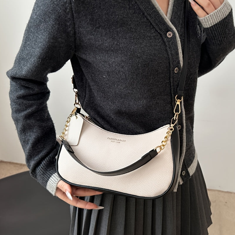 Fashionable And Minimalist Women'S Crescent Shoulder Bag with a Golden-Chain Handle - Featuring a Removable Comfortable Strap, Zipper Closure, Polyester Lining, Perfect for Casual And Everyday Use, Available in Black, White, Brown, And Red