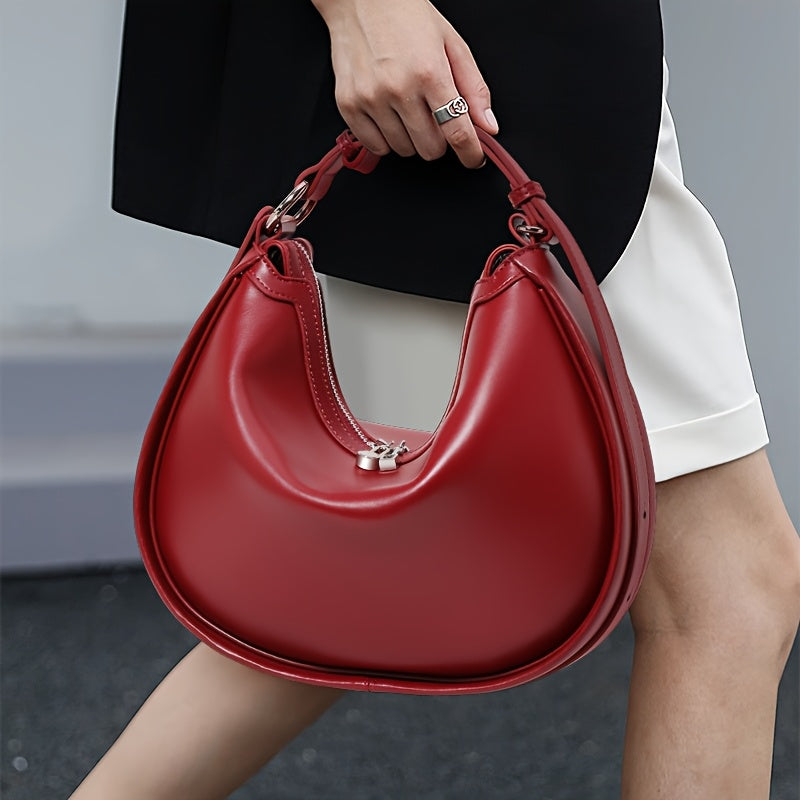2025 New Genuine Leather Women's Crescent Moon Handbag - Large Capacity Adjustable Shoulder Strap, Zipper Closure, Wine Red with Metallic Accents, Light Luxury Elegant Handbag for Work & Casual Outings, Sophisticated Handbag, Metallic Zipper Closure