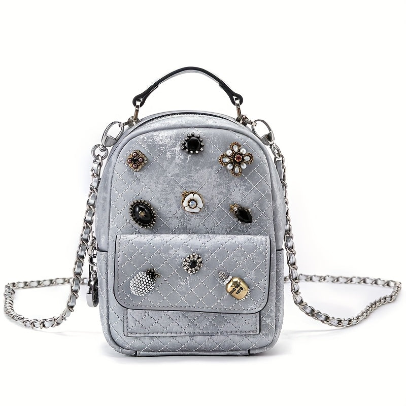 Genuine Leather Women'S Backpack - Soft, Versatile Streetwear Bag with Zipper Closure, Polyester Lining, and Decorative Studs, White or Light Gray, Perfect for Casual Outings, Casual Outing Backpack | Trendy Backpack | Genuine Leather Bag