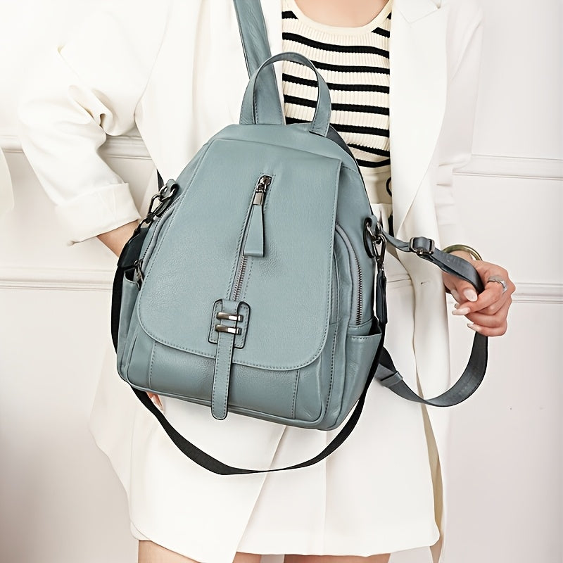 Vintage Style Genuine Leather Backpack for Women, Solid Color Shoulder and Crossbody Bag with Adjustable Strap, Casual Fashion Handbag with Magnetic Closure and Fabric Lining, Cute Backpack