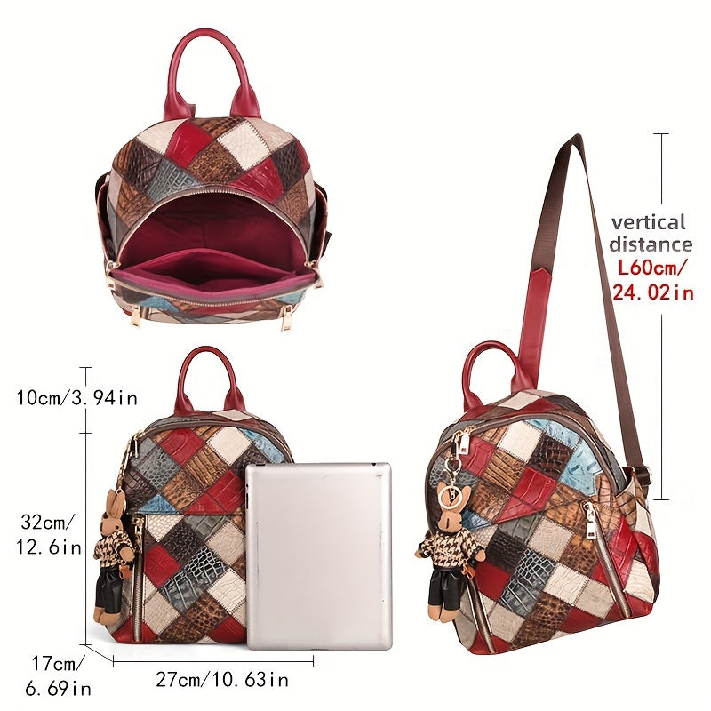 Cobbler Legend Women's Vintage Checkered Backpack - Top-Grain Genuine Leather Travel Bag with Adjustable Straps, Zipper Closure & Polyester Lining, Multi-Color Design for Casual & Holiday Use, Retro Aesthetic, Oiledged Finish