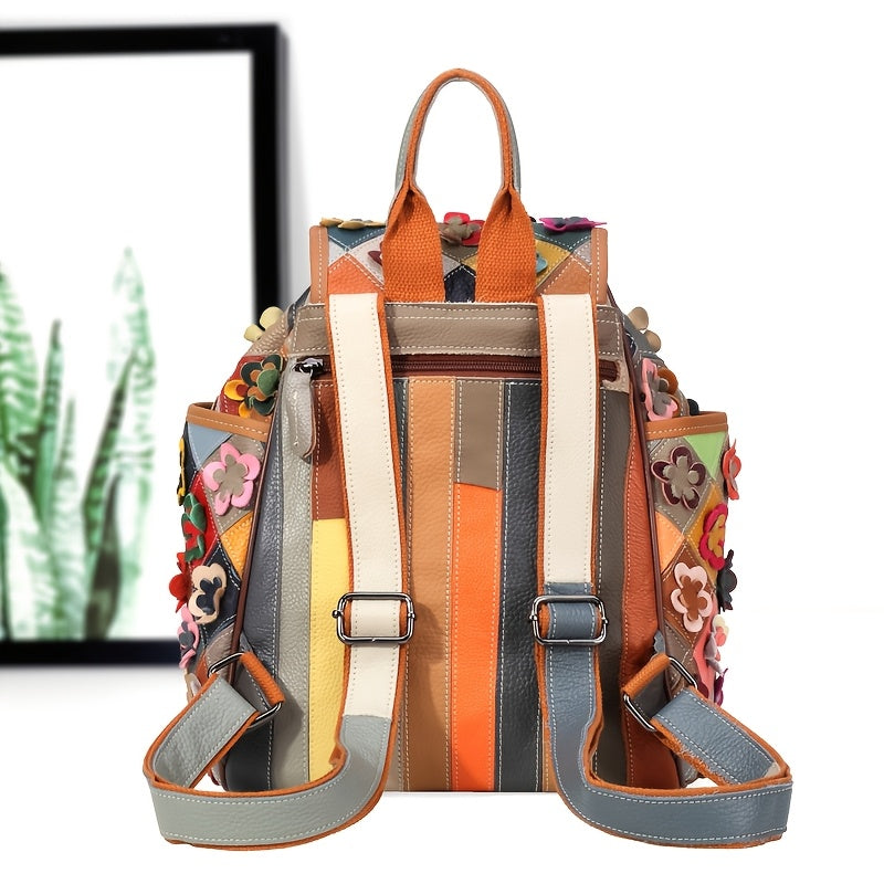 Vintage Floral Genuine Leather Backpack for Women, Colorful Patchwork Design with Bead Embellishments, Adjustable Shoulder Straps, Drawstring Closure, Polyester Lined, Large Capacity Fashion Daypack, Backpack Purse