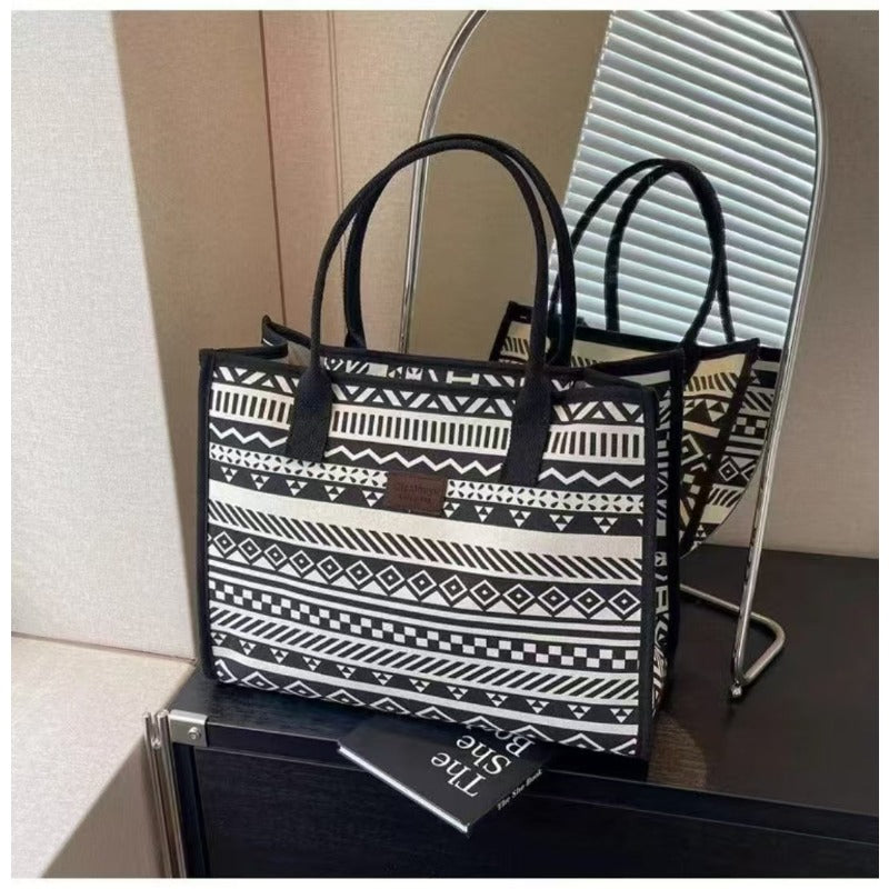 Vintage Ethnic Style Large Capacity Canvas Tote Bag - Fashionable Minimalist Shoulder & Handbag for Work, Commuting, and Everyday Use, Canvas Material, Geometric Pattern, Shoulder Ba