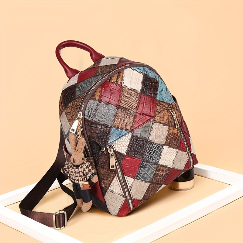 Cobbler Legend Women's Vintage Checkered Backpack - Top-Grain Genuine Leather Travel Bag with Adjustable Straps, Zipper Closure & Polyester Lining, Multi-Color Design for Casual & Holiday Use, Retro Aesthetic, Oiledged Finish