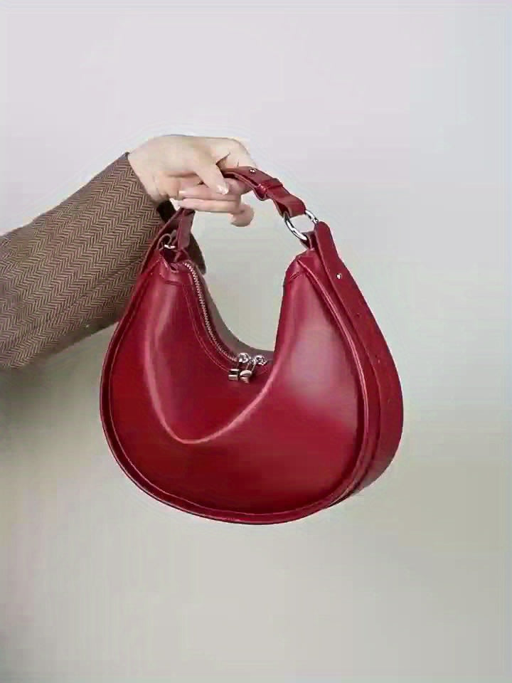 2025 New Genuine Leather Women's Crescent Moon Handbag - Large Capacity Adjustable Shoulder Strap, Zipper Closure, Wine Red with Metallic Accents, Light Luxury Elegant Handbag for Work & Casual Outings, Sophisticated Handbag, Metallic Zipper Closure