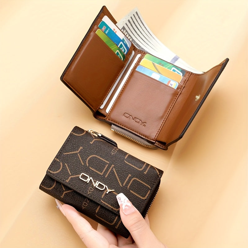 ONDY Classic Letter Print Compact Wallet - Slim & Portable, Multi-Functional Card Holder with Golden Accents, Snap Closure, in Coffee\u002FCaramel - Durable PVC, Easy-Clean