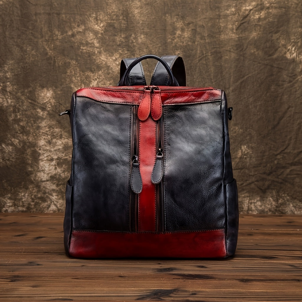 2025 New Women's Genuine Genuine Leather Backpack - Vintage Large Capacity Travel Bag with Adjustable Shoulder Straps, Front Zipper Pocket & Top Handle, Solid Color (Red\u002FYellow\u002FBlack) for Casual & Professional Use