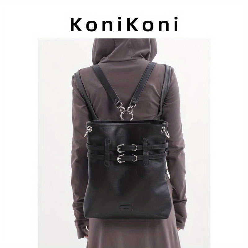 KoniKoni Genuine Leather Women'S Backpack - Lightweight Large Capacity Travel & Commuter Bag with Adjustable Shoulder Straps, Multiple Compartments, and Zipper Closure, Black, Backpack for Travel, Structured Design, Durable Zipper Compartments
