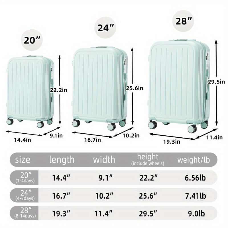 20 24 28 3pcs set in ABS Spinner Wheel Luggage Carry on Suitcase with Cup Holder USB Port Mint Green