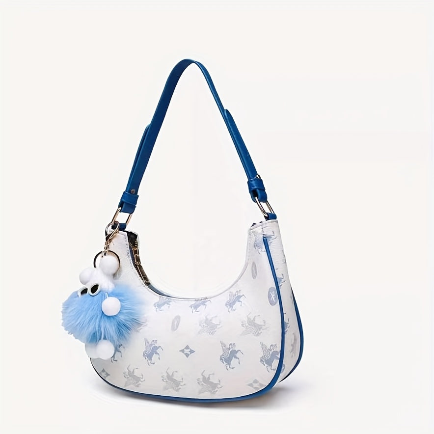 Chic Sky Blue Animal Print Crossbody Bag for Women - Lightweight Synthetic Leather Baguette with Adjustable Strap, Crescent Moon Design, and Fluffy Pom-Pom Charm, Adjustable Shoulder Bag | Crescent Moon Bag | Decorative Pompom Charm, Small Crossbody Bag