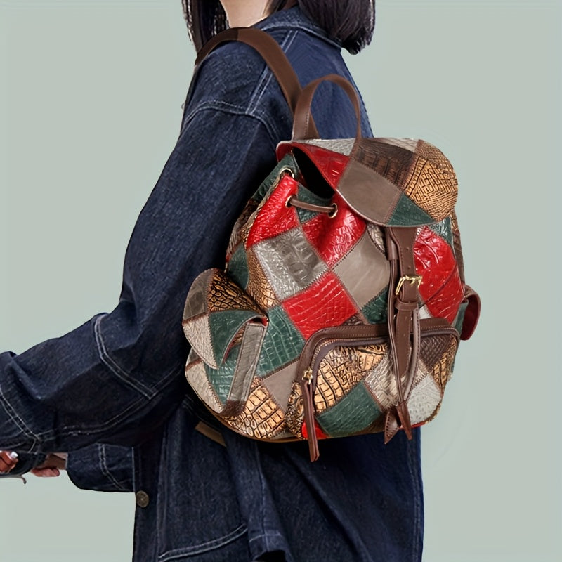 Vintage Patchwork Women'S Backpack - Genuine Leather, Adjustable Straps, Drawstring Closure, Tribal Style, with Polyester Lining And Applique Embellishment for Travel, School, Or Daily Use, Travel Backpack