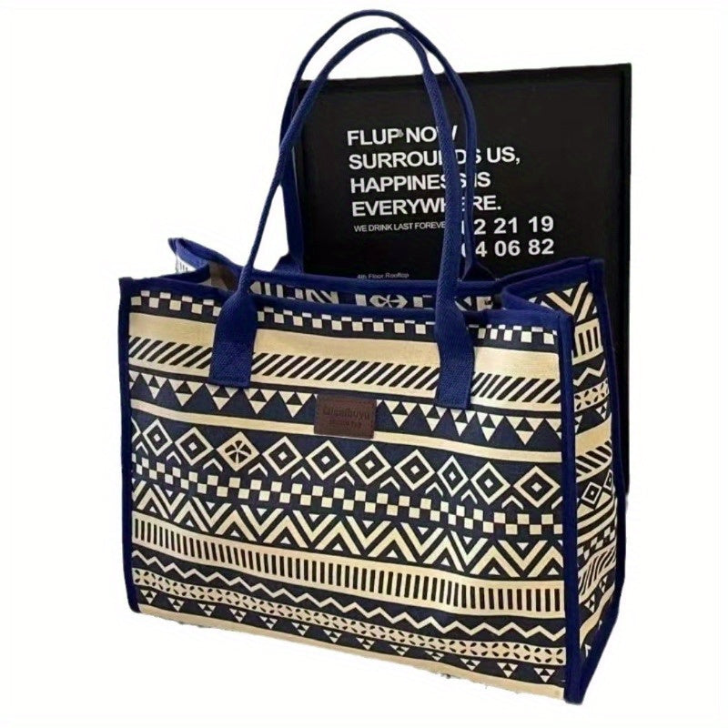 Vintage Ethnic Style Large Capacity Canvas Tote Bag - Fashionable Minimalist Shoulder & Handbag for Work, Commuting, and Everyday Use, Canvas Material, Geometric Pattern, Shoulder Ba