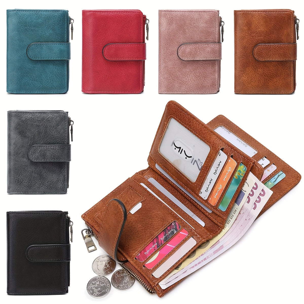 RFID Anti-Theft Wallet Multi-Carat RFID Anti-Theft Wallet - Retro Short Wallet, Solid Color Bifold Coin Purse, Women's Credit Card Holder