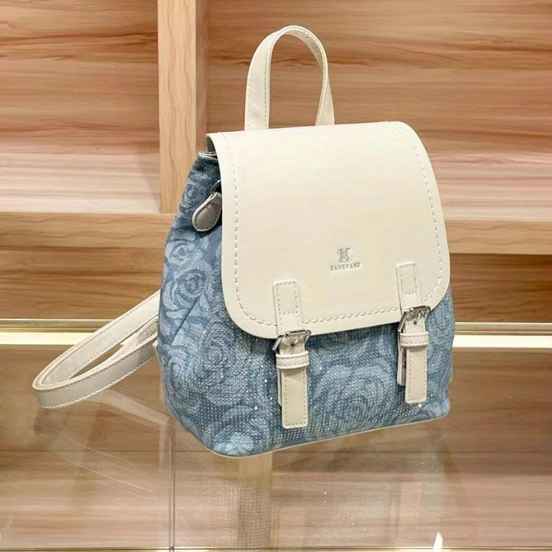 PINKFIRE Women'S Large Capacity Backpack - Stylish Blue Floral Pattern, Adjustable Shoulder Straps, Buckle Closure, High-Quality Split Leather Material, Perfect for Travel & Everyday Use, Backpack for Travel