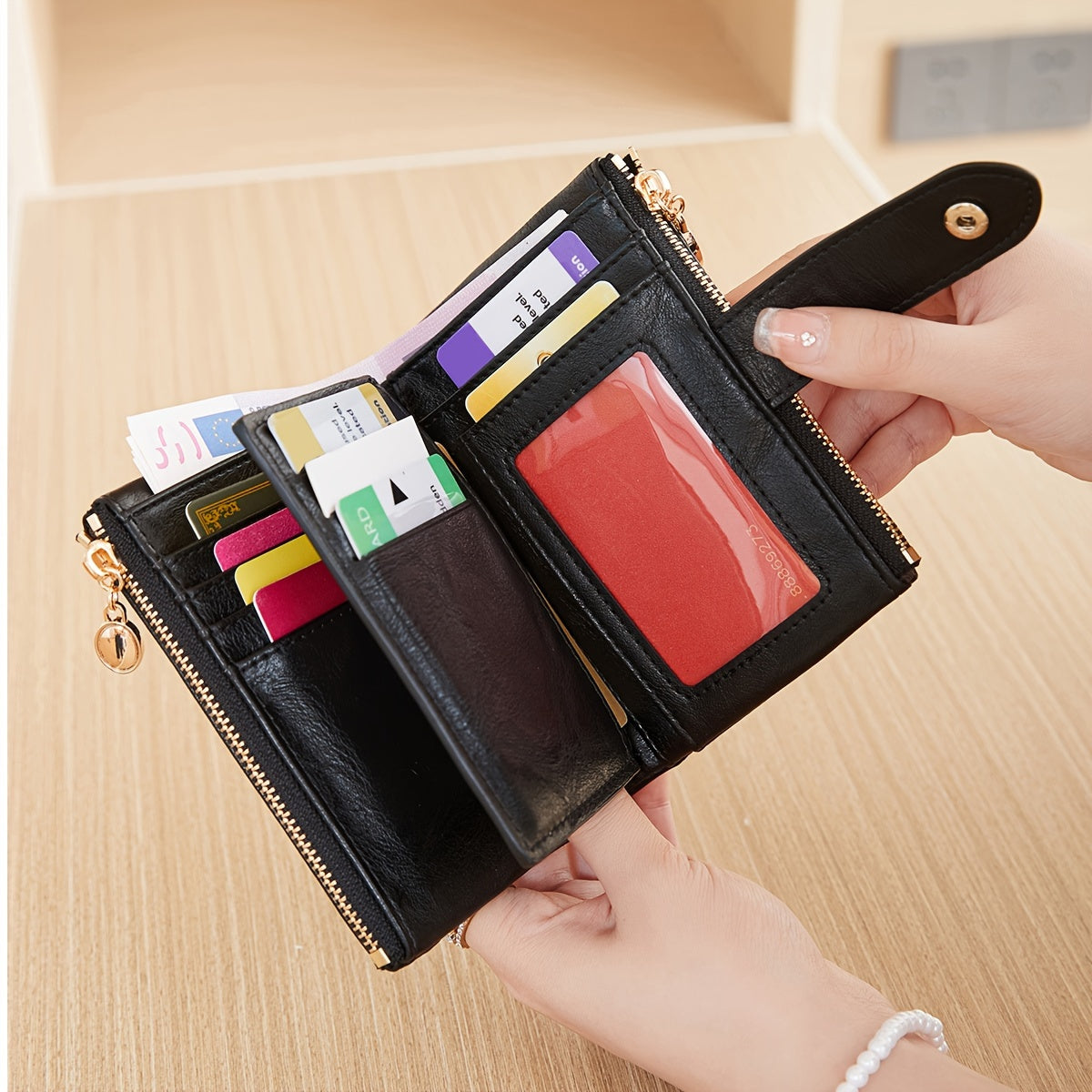 Three-Fold Retro Wallet with RFID Blocking, Multiple Card Slots, Button and Magnetic Snap Closures