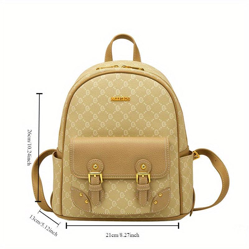 Practical Women'S Backpack: Beige with Iconic Print, Multiple Pockets, Perfect for Daily Use And Travel.